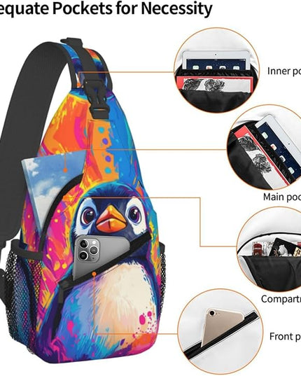 Animal Face Sling Bag Crossbody Bags Chest Bag Backpack for Travel Running and Hiking for Men Women Colorful Penguin