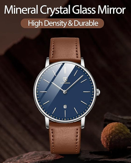 L LAVAREDO Watch for Men, Extremely Thin Mens Watches Minimalist Analog Men's Leather Wrist Watches with Time/Date, Birthday Gift for Men Boyfriend