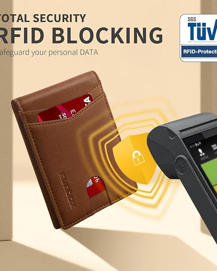 RUNBOX Wallet for Men Slim Leather Bifold RFID Blocking Minimalist Front Pocket Design with Gift Box