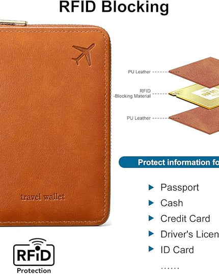 Passport Holder for Travel Women and Men RFID Passport Holder with Card Slots Holder Passport Case Passport cover Passport Wallet Travel Essentials and Accessories (Short Zipper, SZ-Brown)