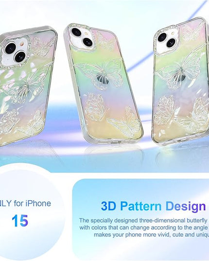 Cute Case for iPhone 15 Case for Women Girls, with 3D Butterflies Pattern Design, Aesthetic Clear Iridescent Glitter Kawaii Girly Rainbow Protective Phone Cover