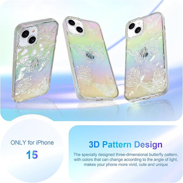 Cute Case for iPhone 15 Case for Women Girls, with 3D Butterflies Pattern Design, Aesthetic Clear Iridescent Glitter Kawaii Girly Rainbow Protective Phone Cover