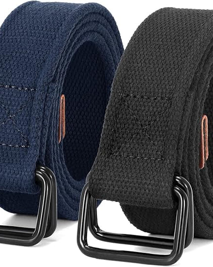 JASGOOD Men Canvas Fabric Belts Casual Web Cloth Belts with Black Double Ring Buckle 2 Pack