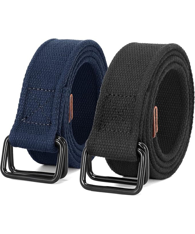 JASGOOD Men Canvas Fabric Belts Casual Web Cloth Belts with Black Double Ring Buckle 2 Pack