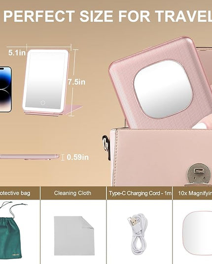 LED Foldable Travel Makeup Mirror - 5x7 inches 3 Colors Light Modes USB Rechargeable Touch Screen, Portable Tabletop Cosmetic for Travel, Cosmetic, Office (Rose Gold)