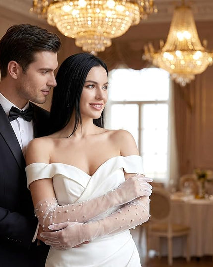 Long Pearl Wedding Gloves Tulle White Gloves for Women Sheer Bridal Lace Elbow Length Glove for Opera Party Brides