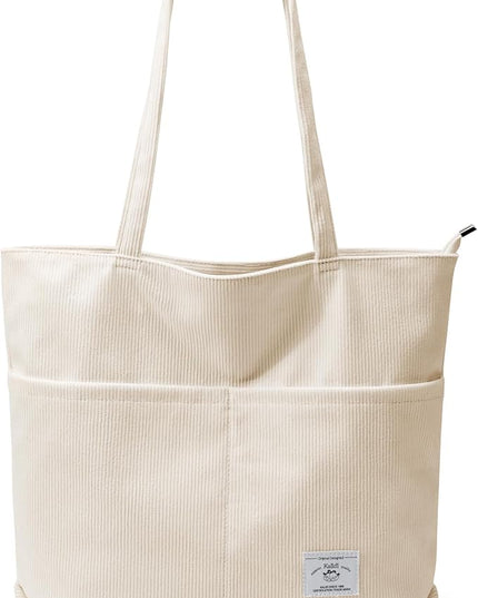 KALIDI Women Corduroy Tote Bag Zipper Casual Tote's Handbag Big Capacity Shoulder Bag with Pockets