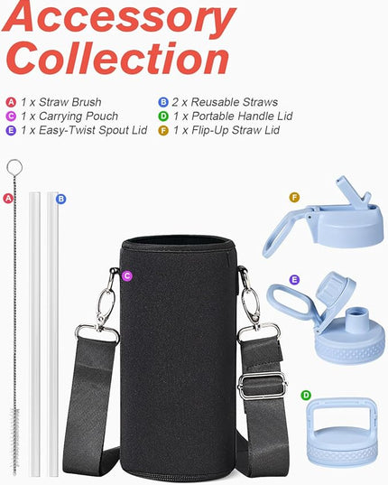 Water Bottle 32 oz Insulated with Straw, Coolflask Stainless Steel Metal 3 Lids Water Flask Wide Mouth for Sports or Office, Non-BPA Keep Cold Up to 48 Hrs or Hot Up to 24 Hrs, Light Blue