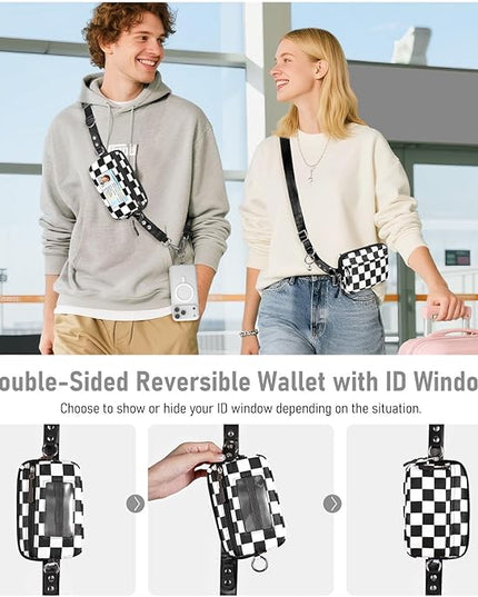 Clip and Go Strap for Phone with Wallet Crossbody Phone Lanyard and Detachable Checkered Bag with ID Window and RFID Pouch for Daily Travel.
