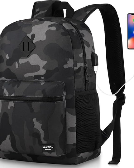 YAMTION School Backpack,Classic Bookbag Men and Teen Boy Schoolbag with USB Charging Port for High School College Office Work Travel