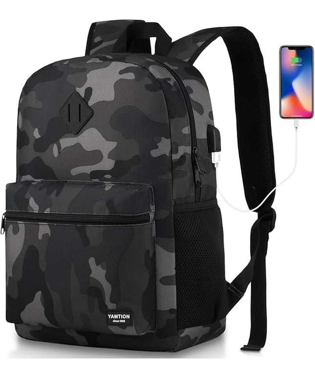 YAMTION 17 Inch School Backpack,Classic Bookbag Men and Teen Boy Schoolbag with USB Charging Port for High School College Office Work Travel