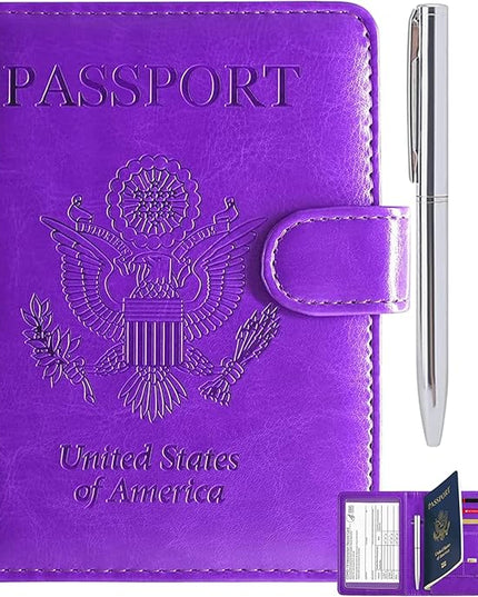 RSAquar Unisex Faux Leather Passport and Vaccine Card Holder Combo, Purple, Slim and Lightweight with RFID Blocking Technology