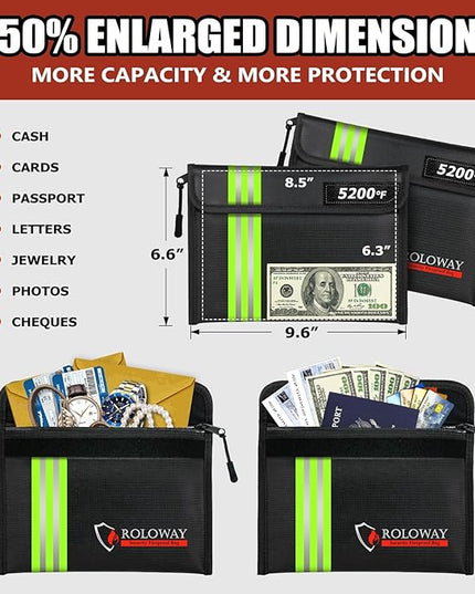 ROLOWAY Fireproof Bag (9.6 x 6.6 inches) 5200℉ Heat Insulated with Reflective Strip, Fireproof Money Bag with Zipper for Cash (2-Pack Black)