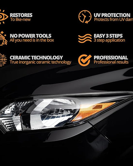 CERAKOTE® Ceramic Headlight Restoration Kit – Guaranteed To Last As Long As You Own Your Vehicle – Brings Headlights Back to Like New Condition - No Power Tools Required - 10 Wipe Kit