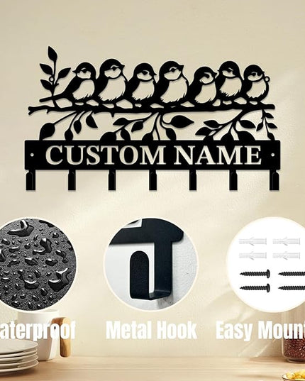 Personalized Custom Name Birds of Trees Wall Key Hooks,Metal Birds of Trees Art Clothes Hooks,Metal Birds of Trees Wall Home Storage Decorative,For Front Door, Hallway, Kitchen, Bedroom (Style C)