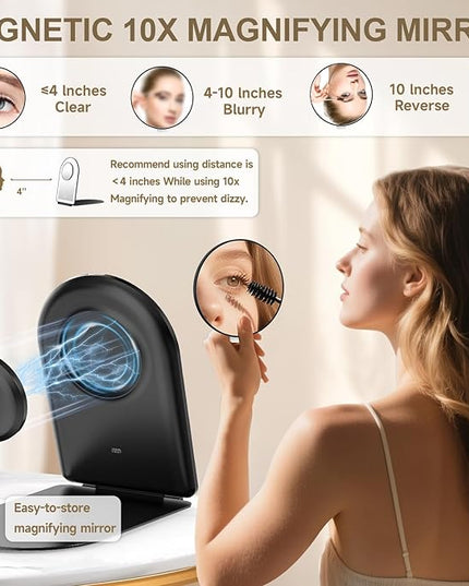 Mocado Travel Makeup Mirror with Light, 1x/10x Magnifying Mirror with Light, 3 Colors Lighted Magnifying Mirror, 2000mAh Rechargeable Lighted Makeup Mirror, Memory Function (Arched-Black)