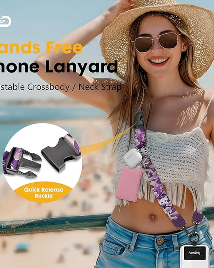 Phone Lanyard Crossbody, White Cat Cell Phone Strap for Around The Neck Adjustable, Purple Anti Theft Cute Lanyard for iPhone Case ID Holder Key Accessories Travel Essential