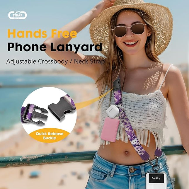 Phone Lanyard Crossbody, White Cat Cell Phone Strap for Around The Neck Adjustable, Purple Anti Theft Cute Lanyard for iPhone Case ID Holder Key Accessories Travel Essential