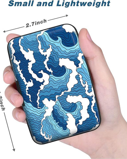 Atufsuat Credit Card Holder, Mini Aluminum Card Wallet RFID Blocking Slim Metal Hard Card Case for Women Men, Blue Sea Wave