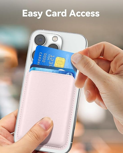 Magnetic Wallet Cell Phone Card Holder for Phone Case, Stronger Magnetic RFID Leather Phone Wallet Stick on Series of iPhone 17/16/15/14/13/12 and Pro/Promax, Light Pink