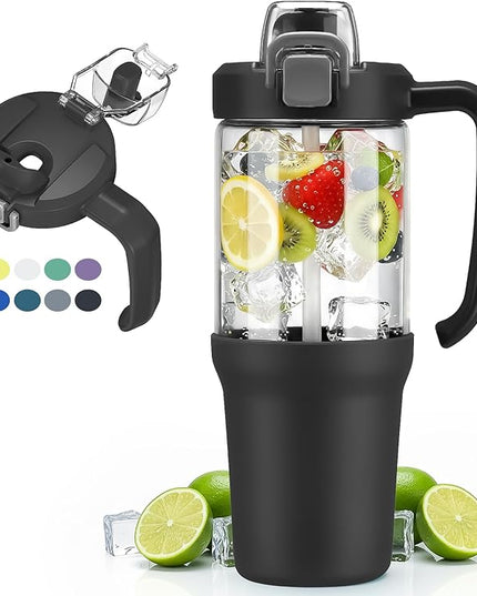 32oz Glass Water Bottle, 2-in-1 Straw and Sip Spout Lid, Leakproof Wide Mouth Tumbler with Handle, BPA-Free Reusable Bottle for Sports, Office, Outdoor, Black
