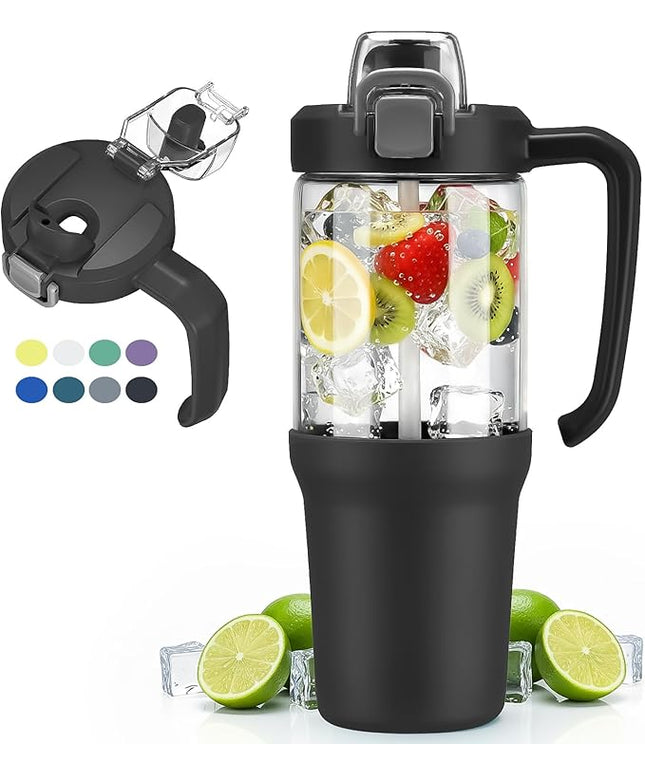32oz Glass Water Bottle, 2-in-1 Straw and Sip Spout Lid, Leakproof Wide Mouth Tumbler with Handle, BPA-Free Reusable Bottle for Sports, Office, Outdoor, Black