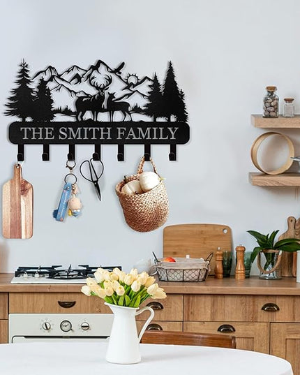 Personalized Key Holder for Wall - Custom Name Forest Deer Coat Rack Mount With Hooks, Metal Key Holder Decor, Key Hanger for Bedroom Kitchen Office
