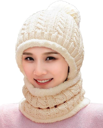 HUAMULAN Women Winter Beanie Hats One Piece Fleece Lined Knit Balaclavas Mask Set Skull Neck Circle Scarf Ski Snow Hat Pompom