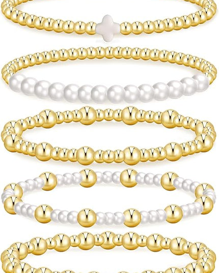 Gold Beaded Bracelets for Women, 14K Real Gold Plated Jewelry for Women Dainty Pearl Bead Bracelets Stack, Non Tarnish Trendy Stackable Ball Cross Stretch Bracelet Set Fashion Accessories Gifts