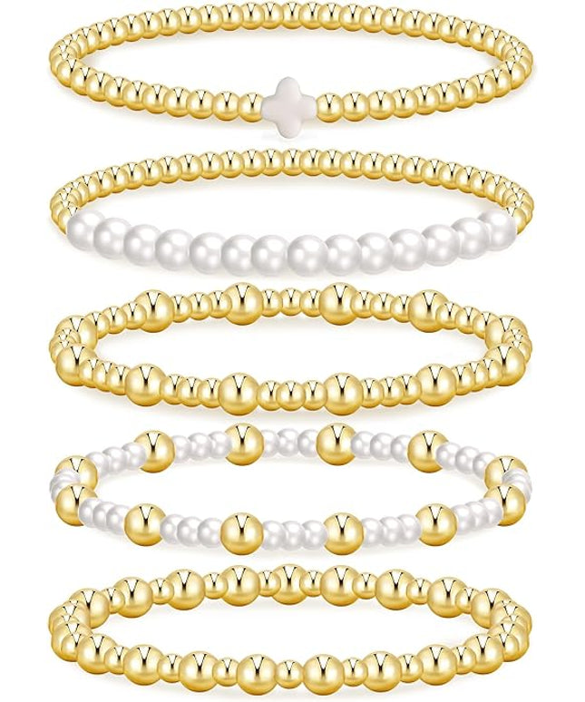 Gold Beaded Bracelets for Women, 14K Real Gold Plated Jewelry for Women Dainty Pearl Bead Bracelets Stack, Non Tarnish Trendy Stackable Ball Cross Stretch Bracelet Set Fashion Accessories Gifts
