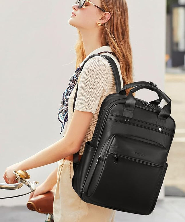 MASINTOR Leather Laptop Backpack for Women, Stylish Computer Backpack College Business Work Shoulder Bags Work and Travel Black