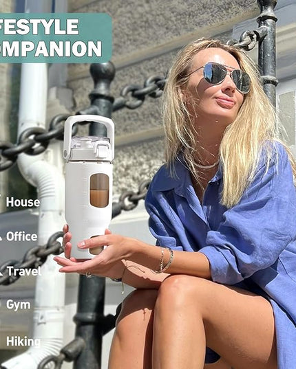 BLUEGO 32oz Glass Tumbler with Lid and Handle, Iced Coffee Cup with Straws, Glass Water Bottle with Silicone Sleeve and Volume, Marker Glass Cup with Time Marking, BPA Free, White