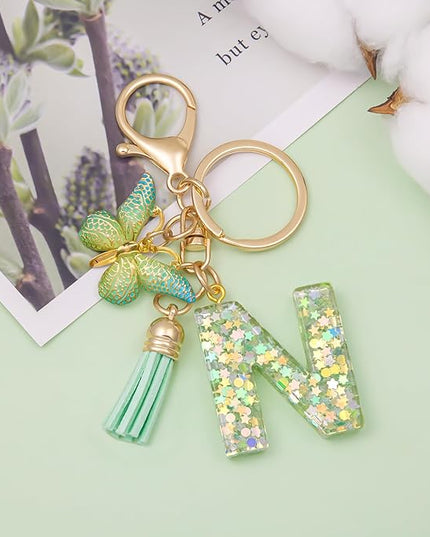 Fashion Alphabet Initial Letter Keychain Tassel Butterfly Pendant Key Ring for Purse Handbags Women Girl