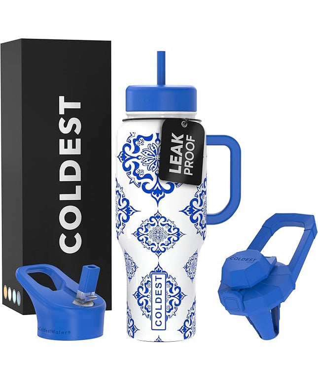 Coldest Tumbler with Handle and Straw - 100% Leak Proof Insulated Tumbler with Lid and Straw (3 Lids) - Stainless Steel Tumblers for Women & Men - Cup Holder Friendly Base, 36 oz (The European)