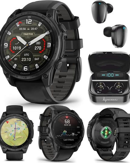 Garmin Tactix 8, 47mm AMOLED Display, Titanium Bezel, Sapphire Lens, Premium Tactical GPS Smartwatch, Includes Applied Ballistics Ultralight Solver, 40M Dive Rating, w/Wearable4U BlackEarbuds Bundle