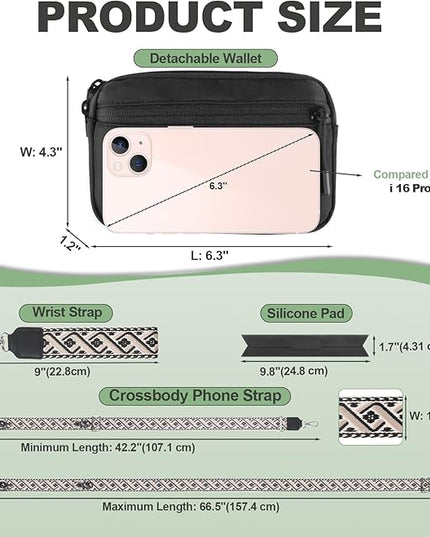 Clip and Go Strap for Phone with Wallet Crossbody, Adjustable Phone Lanyard with Detachable RFID Wristlet Wallet, Pattern Strap, Black (M)