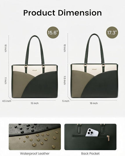 LOVEVOOK Laptop Bag for Women,15.6 Inch Work Teacher Bags Leather Tote Bag Briefcase Waterproof Computer Bag for Women，White and Green