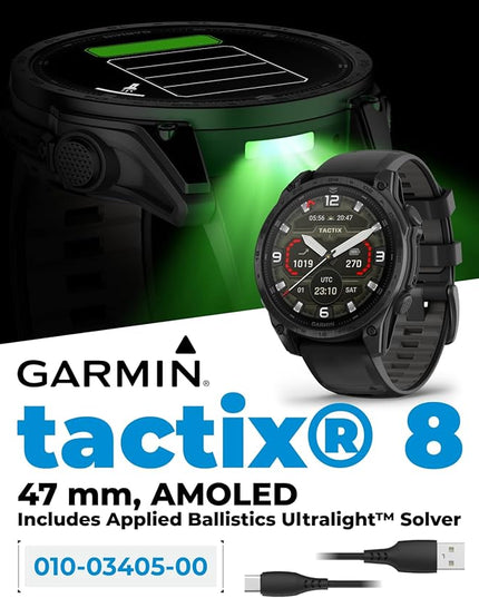 Wearable4U Garmin Tactix 8, 47mm, AMOLED Display, Titanium Bezel, Sapphire Lens, Premium Tactical GPS Smartwatch, Includes Applied Ballistics Ultralight Solver, 40 M Dive Rating w PowerBank Bundle