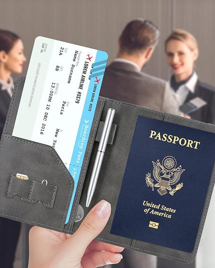 ACdream RFID BLOCKING Passport Holder Travel Wallet, Premium PU Leather Cover Passport Book with Card Holder, Pen Holder, Keep Organization, and Travel Essentials for Women and Men, Grey