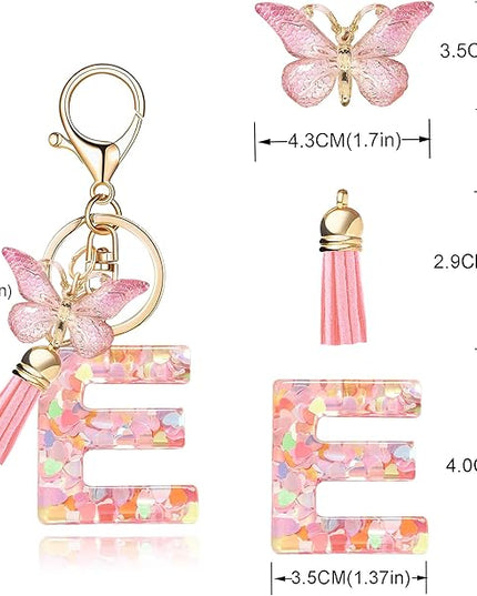 Fashion Alphabet Initial Letter Keychain Tassel Butterfly Pendant Key Ring for Purse Handbags Women Girl