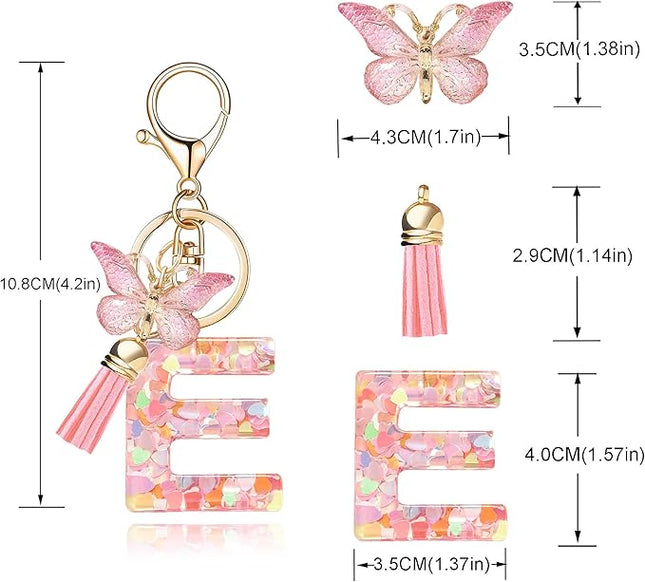 Fashion Alphabet Initial Letter Keychain Tassel Butterfly Pendant Key Ring for Purse Handbags Women Girl