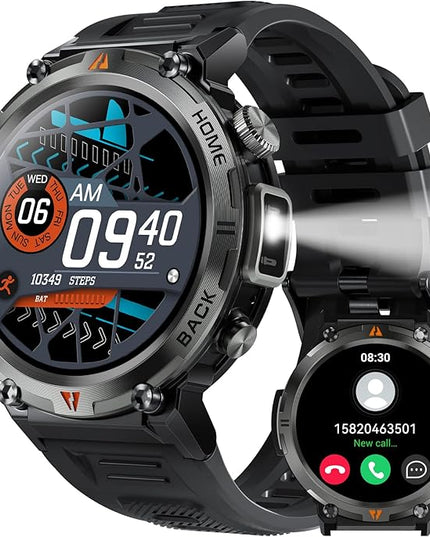 Military Smart Watch for Men with LED Flashlight 1.45” Rugged 3ATM Waterproof Smart Watch with 100+ Sports Modes Fitness Tracker with Heart Rate Sleep Monitor Tactical Smartwatch for iPhone Android