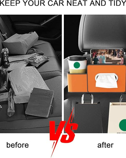 Car Back Seat Organizer with Cup Holder, Car Seat Back Tissue Box and Storage Hook, Multifunctional Car Organizer for Hold Phone,Snacks, Drinks, Handbag, Compatible with Most Vehicles (Brown)