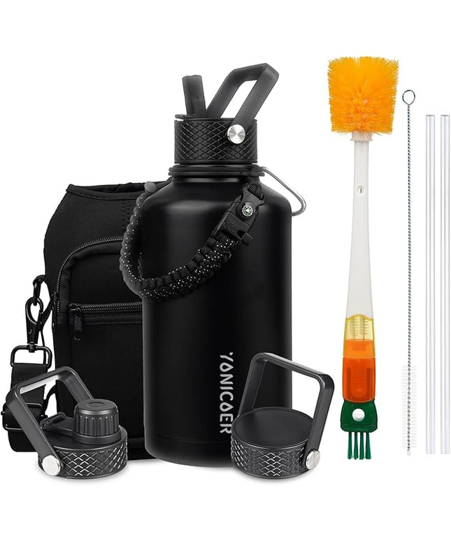 Insulated Water Bottle 64oz,Triple Wall Vacuum Stainless Steel(Dishwasher Safe),Leak Proof & Non-BPA,Flask Jug with Paracord Handle & Straw Spout Lids Sports Black