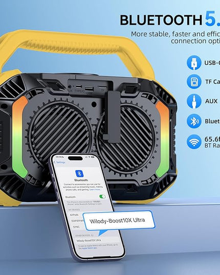 Wilody Speakers Bluetooth Wireless, 100W Loud Outdoor Speaker with Bass, IPX7 Waterproof Floatable, 20H Playtime, Wireless Charge, TWS, RGB Light, Portable Speaker for Work, Garage, Outdoor (Yellow)