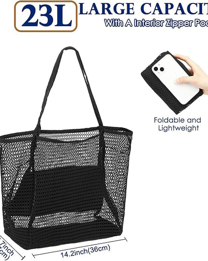 Mesh Beach Bag, Large Beach Tote with Zipper Pocket, Toys Pool Bag for Family Travel Vacation Cruise Essentials