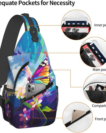 Animal Face Sling Bag Crossbody Bags Chest Bag Backpack for Travel Running and Hiking for Men Women Colorful Butterfly
