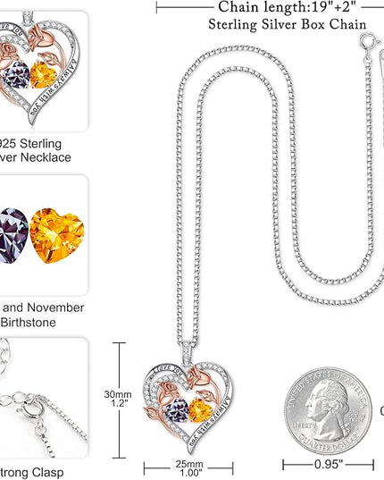 Iefil Christmas Gifts for Women Wife - 925 Sterling Silver Rose Heart Birthstone Necklace Birthday Anniversary Jewelry Gifts for Her Wife Mom Daughter