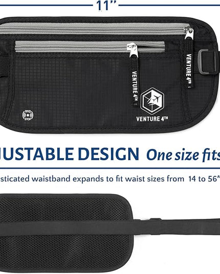 VENTURE 4TH Money Belt for Travel – Hidden Under-Clothes RFID Blocking Passport Holder & Slim Travel Wallet Pouch for Men & Women to Protect Cash, Cards & Documents (Black)