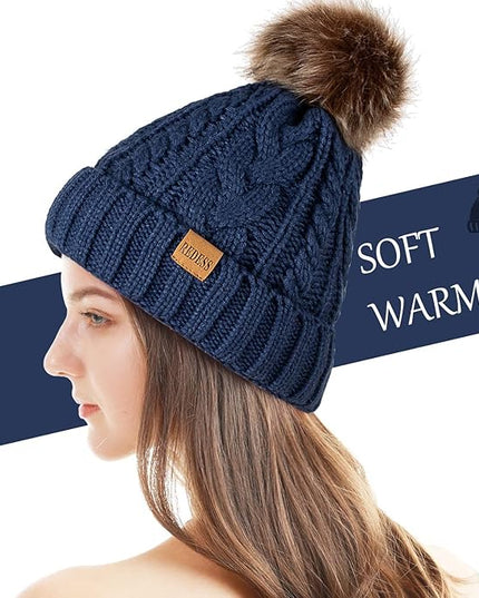 REDESS Women Winter Pompom Beanie Hat with Warm Fleece Lined, Thick Slouchy Snow Knit Skull Ski Cap